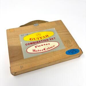 Vintage Guitar Art Set GE-18 Japan Wood Box 18 Oil Pastels 11 Watercolors Retro
